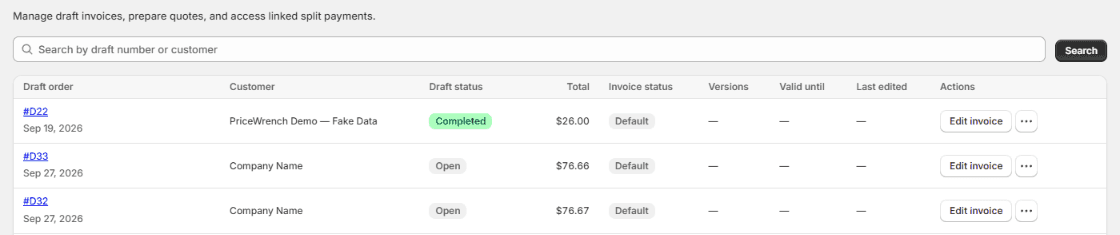 InvoiceWrench Draft Orders search and three demo rows showing Completed or Open draft status, totals, and Edit invoice and more-actions buttons.