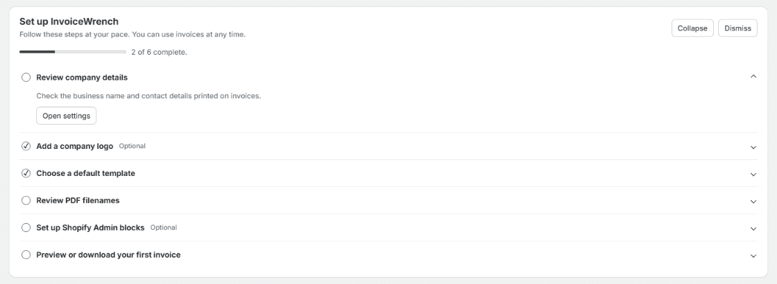 InvoiceWrench setup checklist with six tasks, Review company details expanded, and two tasks marked complete.