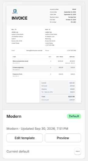 Modern invoice template card with a sample invoice thumbnail, Default badge, Edit template and Preview buttons, and Current default label.
