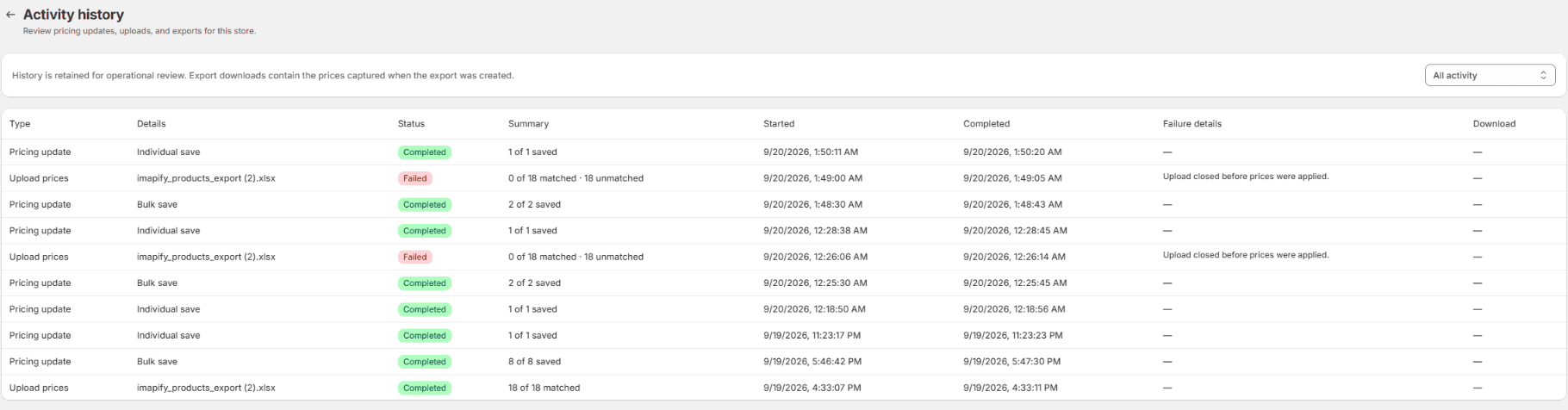 Activity history with All activity selected, completed individual and bulk pricing updates, upload match summaries, timestamps, and failure details.
