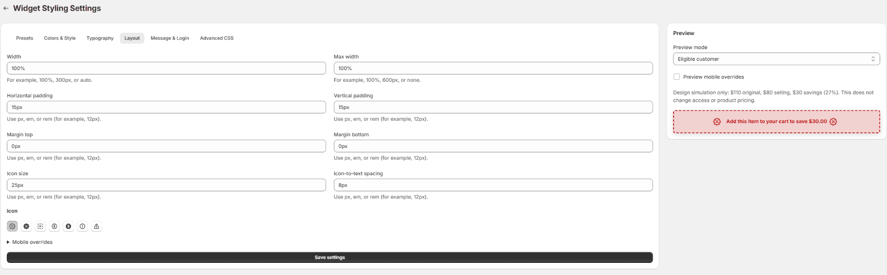 Layout tab showing width and spacing fields, icon choices, the collapsed Mobile overrides control, Save settings, and the banner preview.