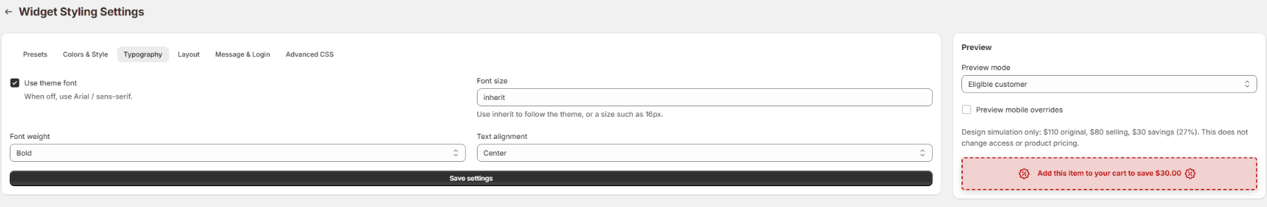 Typography tab with Use theme font checked, inherited font size, Bold weight, Center alignment, Save settings, and a banner preview.