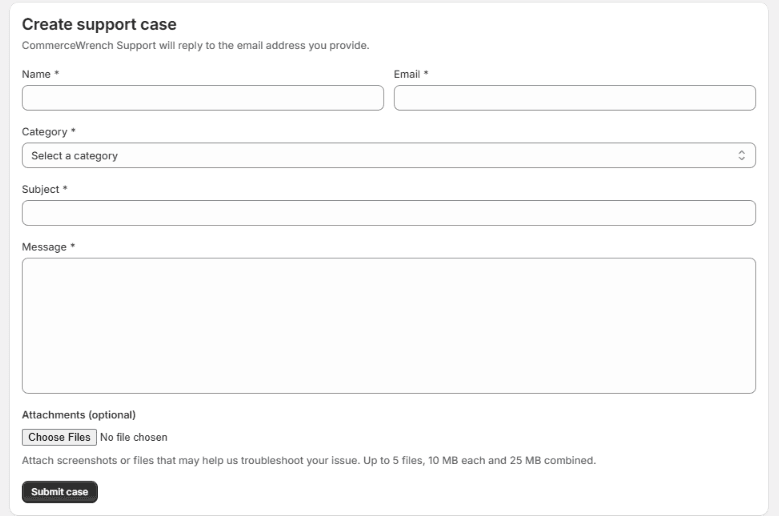 Empty Create support case form with Name, Email, Category, Subject, Message, optional attachments, and Submit case.