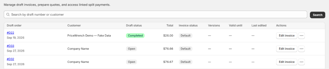 InvoiceWrench Draft Orders search and three demo rows showing Completed or Open draft status, totals, and Edit invoice and more-actions buttons.