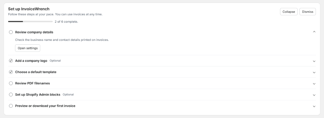 InvoiceWrench setup checklist with six tasks, Review company details expanded, and two tasks marked complete.