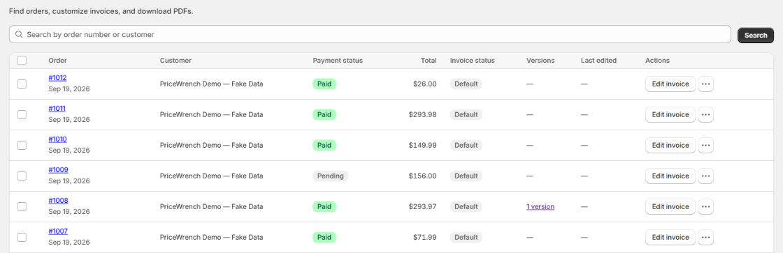 InvoiceWrench Orders search and six demo order rows showing payment status, totals, invoice status, versions, and Edit invoice buttons.