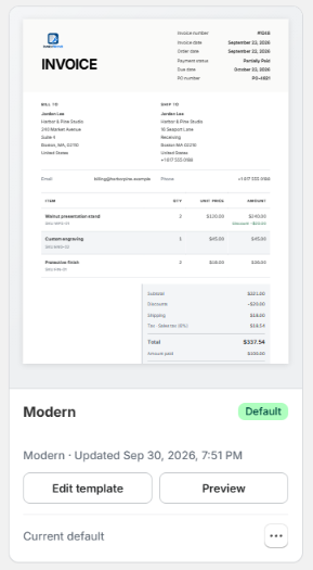 Modern invoice template card with a sample invoice thumbnail, Default badge, Edit template and Preview buttons, and Current default label.