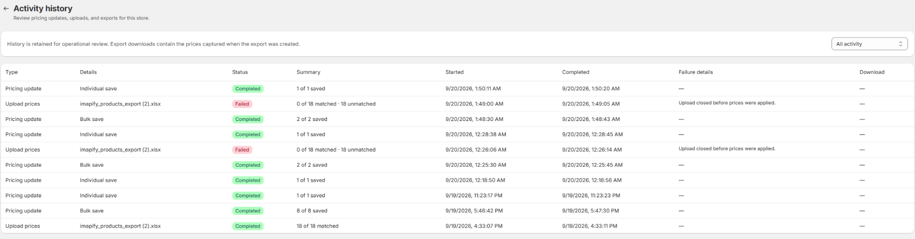 Activity history with All activity selected, completed individual and bulk pricing updates, upload match summaries, timestamps, and failure details.
