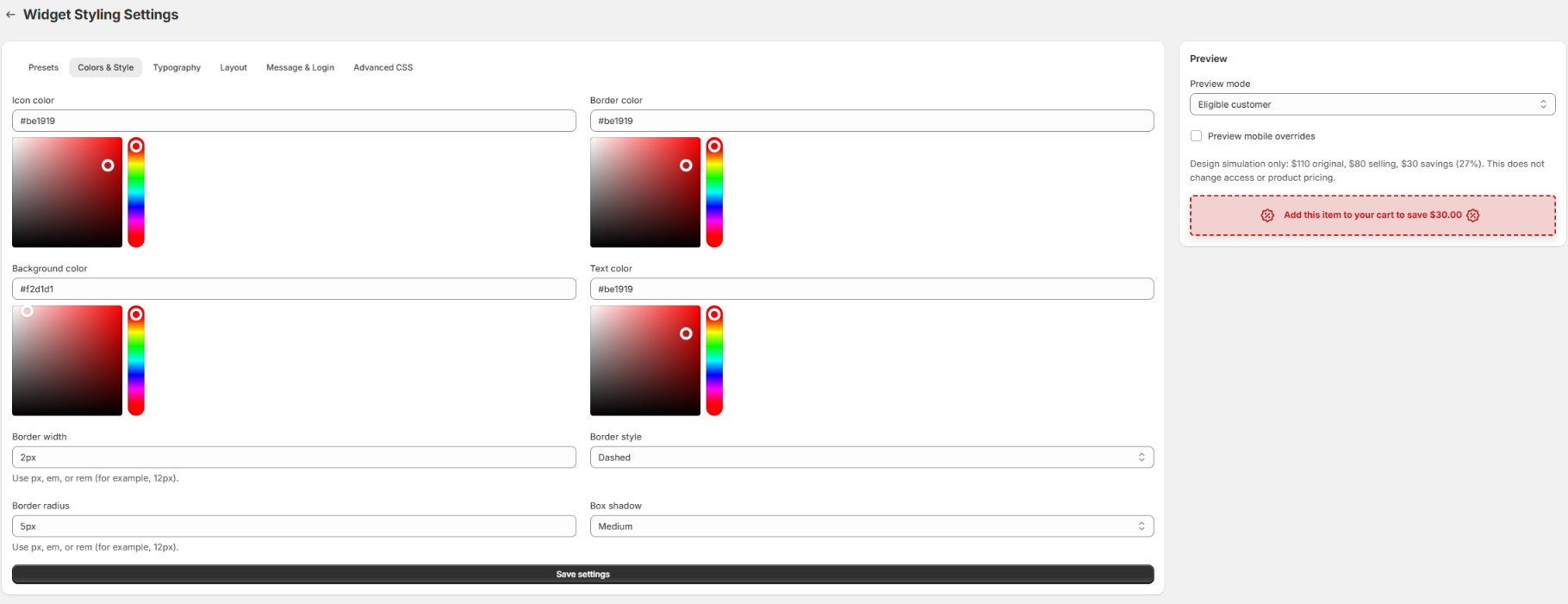 Colors & Style tab showing four color pickers, border controls, Save settings, and an Eligible customer banner preview.