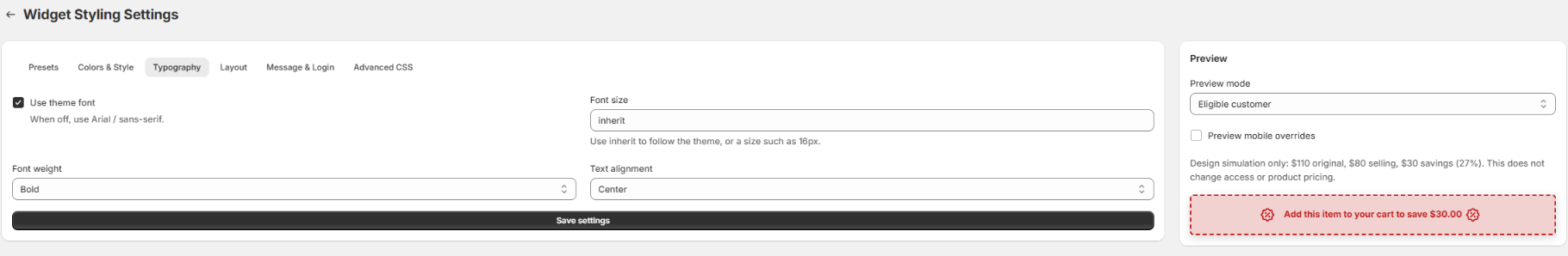 Typography tab with Use theme font checked, inherited font size, Bold weight, Center alignment, Save settings, and a banner preview.